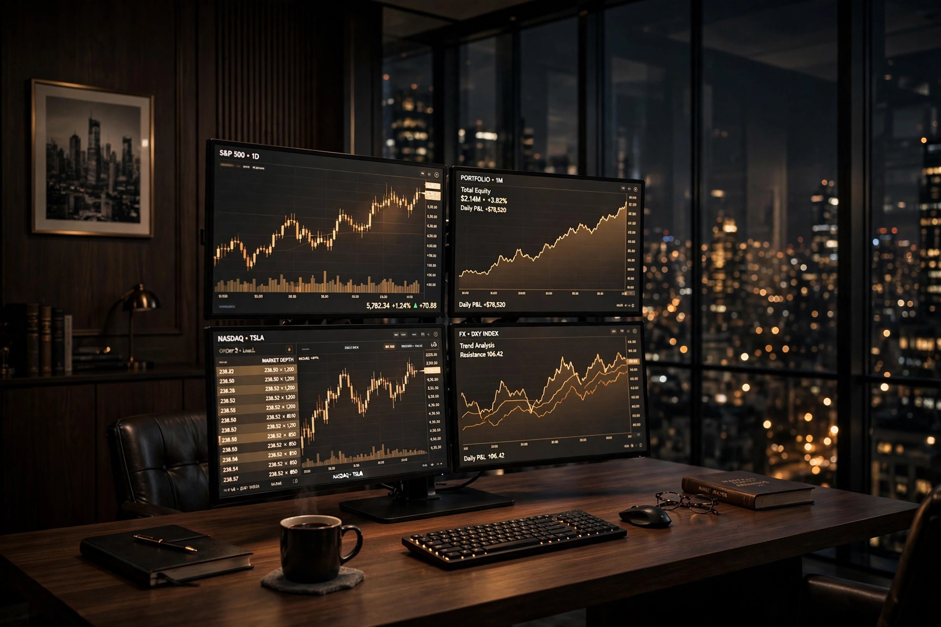 Trading desk at night